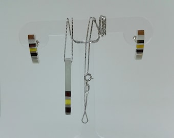 Studio Designed Three Coloured Amber and Stamped Silver Contemporary Set of Earrings and Pendant on a 925 Silver Chain