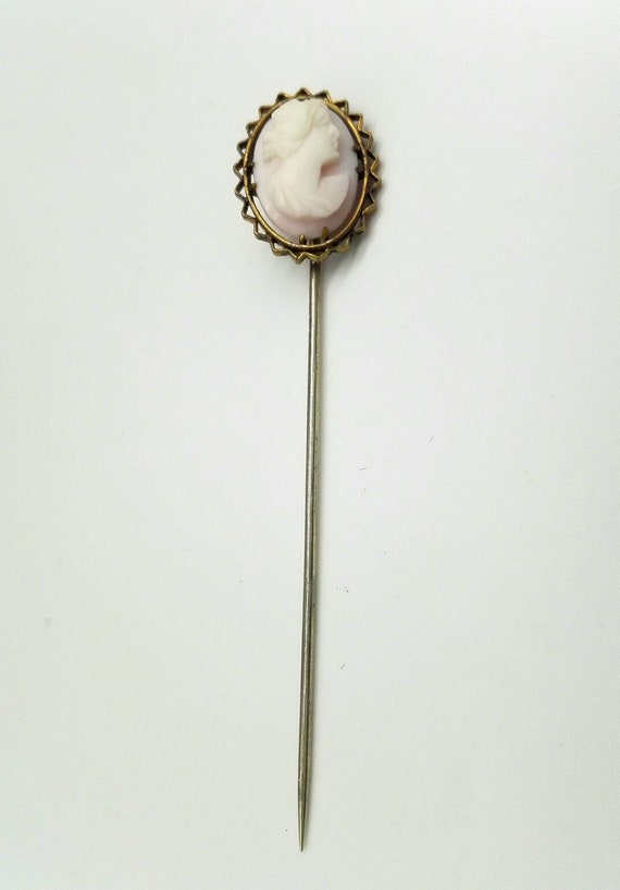 Beautiful Victorian Shell Pink and White Carved Cameo Stick Pin  Pinchbeck Setting Birthday Gift Wedding Bridal Bridesmaid