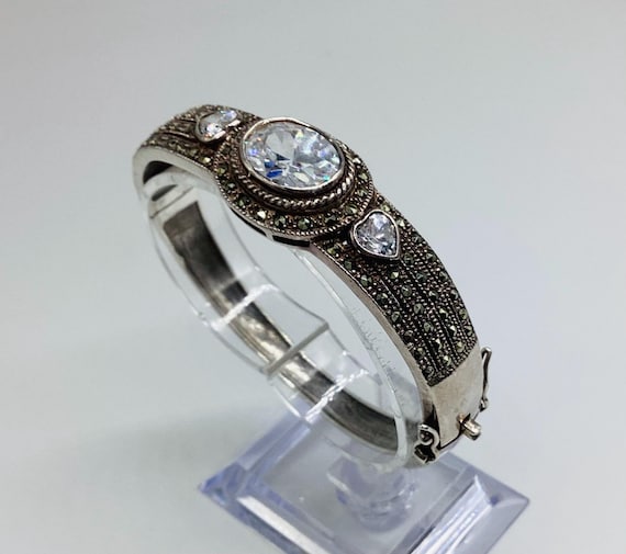 Vintage Art Deco Revival Silver, Marcasite Crystal Hinged Bangle Perfect Style and Period Silver Cut Work Decoration 20.2 grams