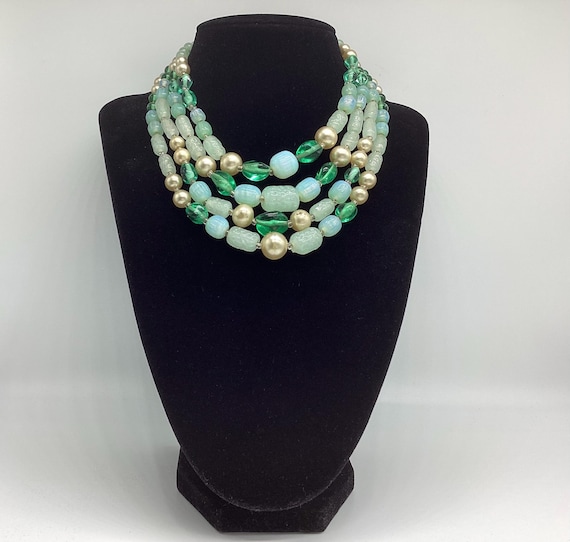 Four String Necklace 1950s Retro Carved Crystal-Glass-Pearls Sea Foam and Emerald Green Collar