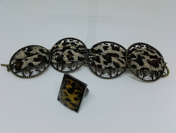 Absolutely Fabulous Set of Leopard Print Jewellery. Huge Brass and Fabric Link Bangle with Plastic and Ceramic Leopard Print Ring Size O