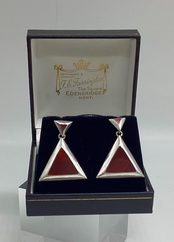 Large Carnelian Set Silver Art Deco Dangle Drop Earrings Geometric Triangles