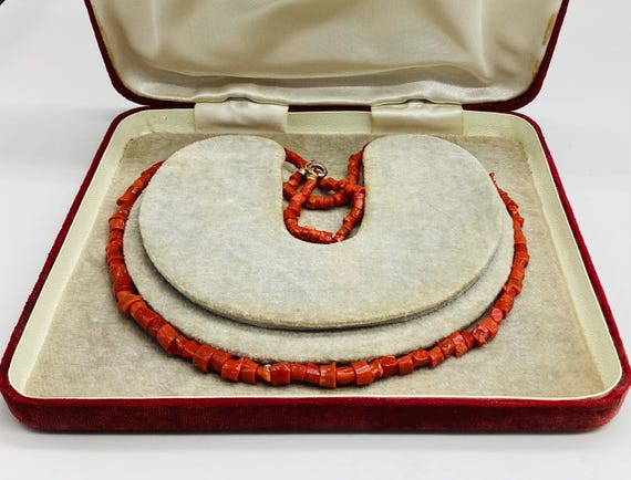 Dark Salmon Red Rare Tube Bead Necklace 1940's Vintage Matinee Length 20 inches 35th Wedding Anniversary