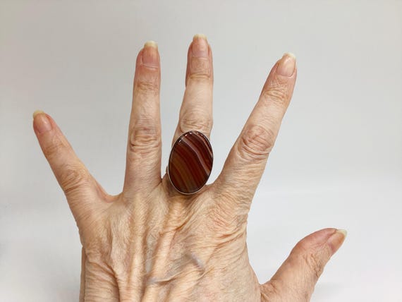 Large Banded Agate Ring C1975 Solid 925 Silver Sp… - image 5