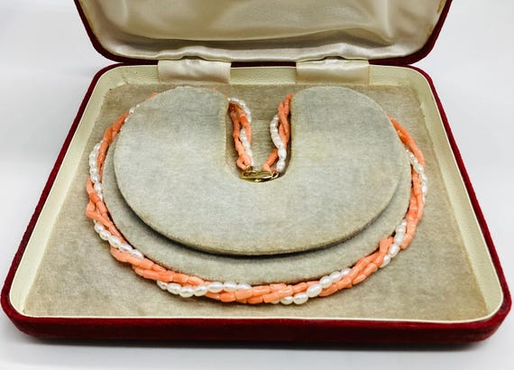 Dainty 1950's 3 Strand Coral and Pearl Necklace Vermeil Clasp Princess Length 18 Inches