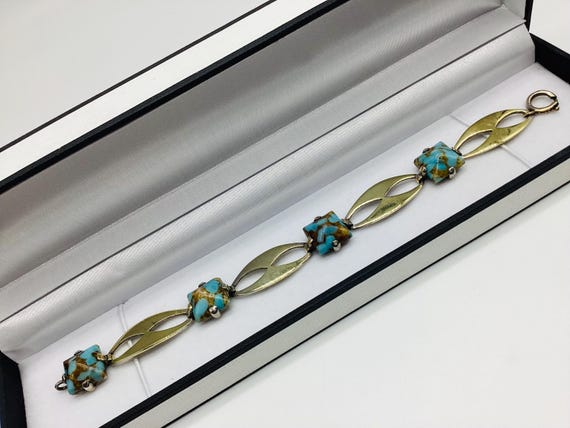 Czech Peking Glass Chain Panel Bracelet 1930s Faux Turquoise