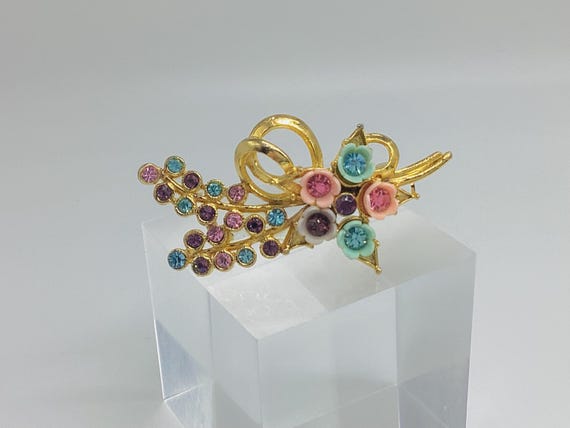 Enamel Crystal Brooch 1940s/50s Flower Spray Pastel Blues and Pink Boxed Gift