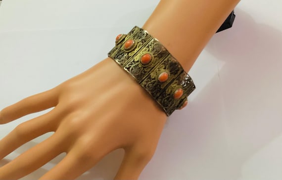 Antique Edwardian C1901 Panel Bracelet Coral and Silver Gilt Vermeil
