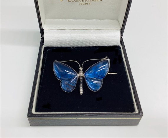 Butterfly Wing Brooch Antique Dainty Blue Butterfly Under Crystal Sterling Silver