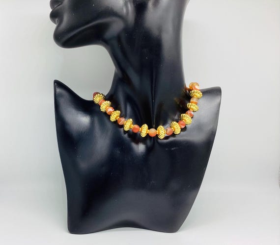 Faux Carnelian and Golden Bead Chocker Necklace Ethnic Tribal Festival Jewellery 16 inches