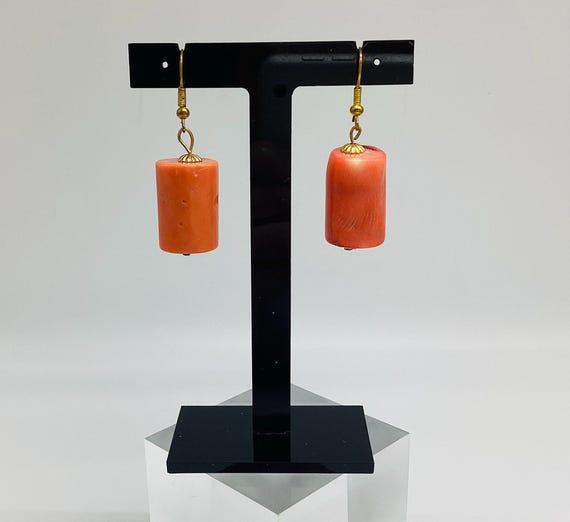 Vintage 1950's Coral Gemstone Barrel Bead Dangle Drop Earrings