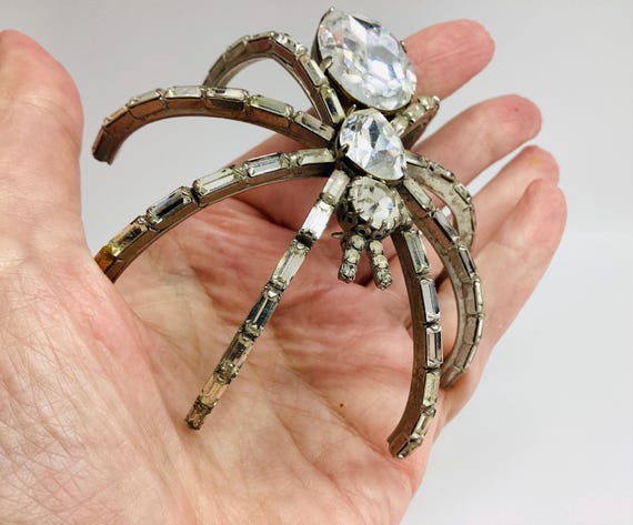Huge Crystal Spider Brooch Vintage Original 1980s Halloween