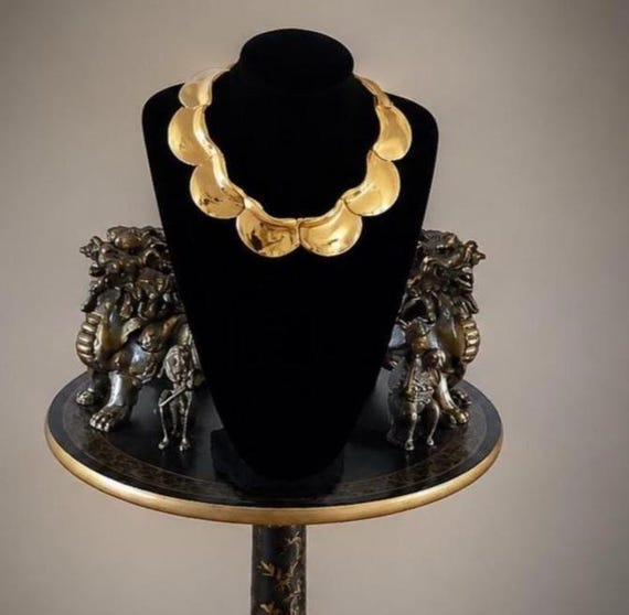 Large Flat Linked Chain Collar Necklace Gold Plated Vintage 1980s
