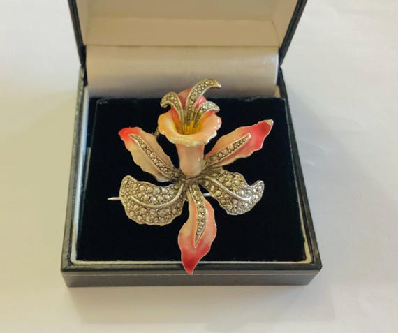 Orchid Brooch Pink Enamel and Marcasite Art Nouveau Revival