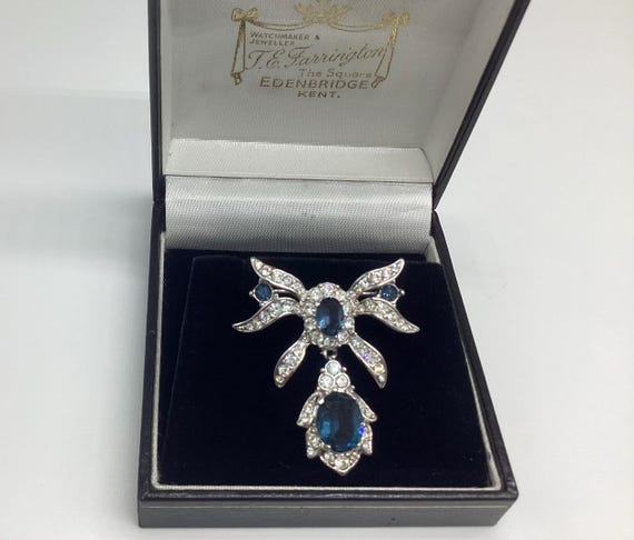 Attwood and Sawyer Bow Drop Brooch Signed Designer Jewellery Swarovski Crystal Sapphire Duchess of Windsor Style  September Birthstone