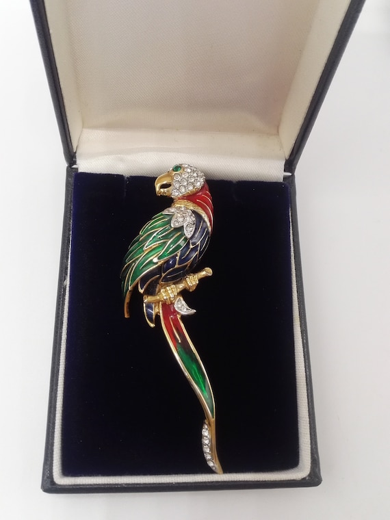 Attwood and Sawyer Fabulous Parrott Brooch Pin Green Red Enamel Swarovski Crystal 22ct Gold Plated Unisex Jewellery