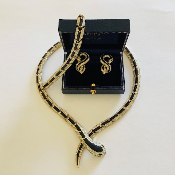 Rare Attwood and Sawyer Snake Vintage Signed Necklace, Bracelet and Earrings Set 22ct Gold Plated Swarovski Crystal Three Piece Set Signed