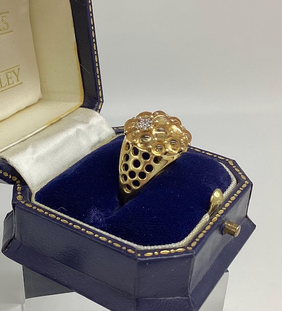 Fabulous Cabochon Lemon Topaz Pave Set in Vermeil Gold on 925 Silver Tiny Diamond  Flower Size N 1/2