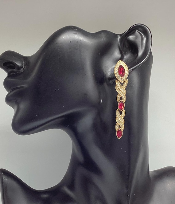 Attwood and Sawyer Long Drop Earrings Swarovski Crystal Rubies Signed