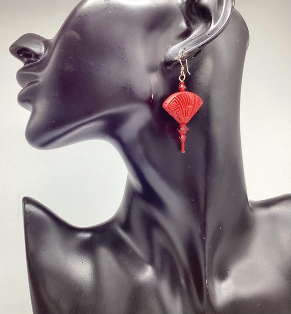 Lipstick Red Cinnabar and Glass Bead Dangle Drop 925 Solid Silver Hook Fixings Vintage Earrings Carved Fan Shape