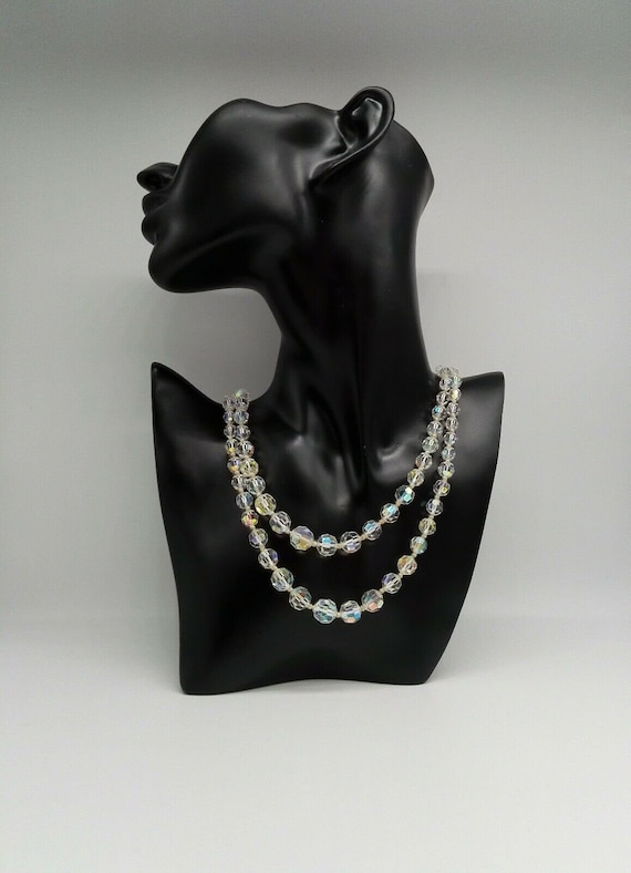 Vintage Art Deco Double Strand Austrian Aurora Crystal Necklace Paste Set Clasp