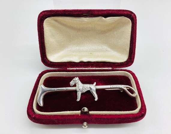 Hound and Hunting Whip Bar Brooch Solid Silver Art Deco Period Country Pursuits Horse Rider  Stock Pin