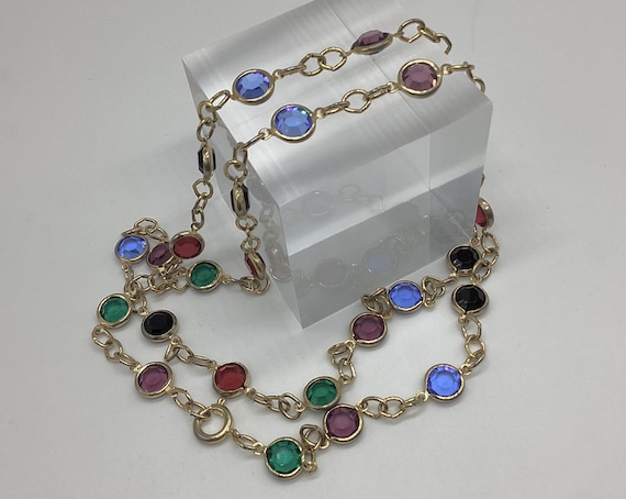 Beautiful Vintage Tuti Fruti Milticoloured Bezel Set Crystal Chain Flapper Length Glass Sapphire Ruby Emerald Jet Crystal Gemstones