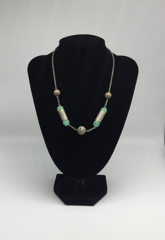 Pretty Art Deco Czech Pale Aqua Green Glass, Chain and Filigree Necklace