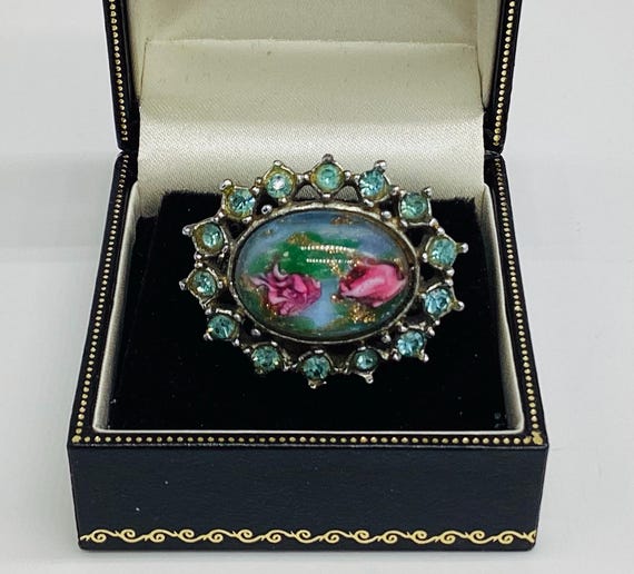 Vintage Reverse Carved Glass Brooch Pink Flower Rose Spray Dainty Blue Crystal Frame Lace Pin