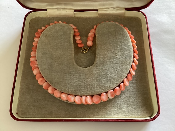 Angel Skin Coral Peach Pink Carved Dainty Disc  Necklace Art Deco Vintage Wedding