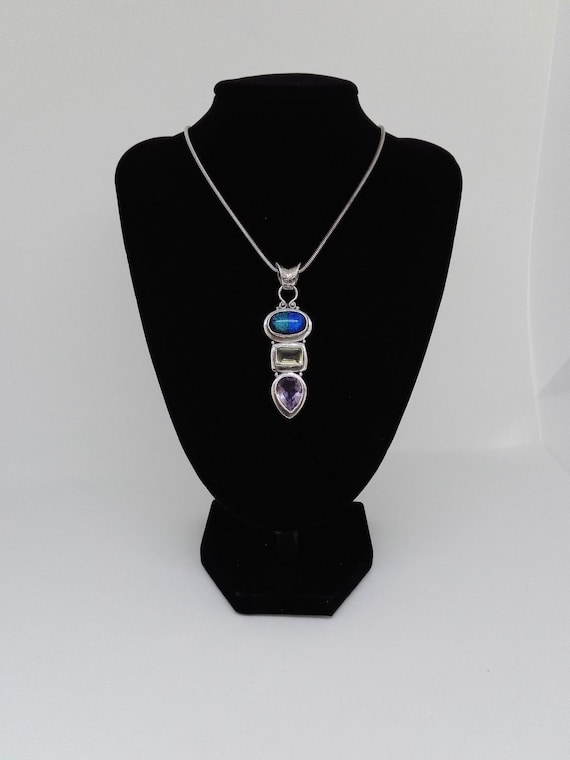 925 Silver Pendant Amethyst, Citrine and Faux Opal 18" Silver Snake Chain 30 grm