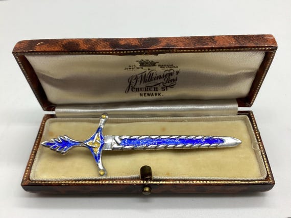 Enamel Sword Brooch Alexander Richie Iona Design Made by A H Derby Full Hallmark 1945 Blue and Yellow Celtic Scottish Hebridian