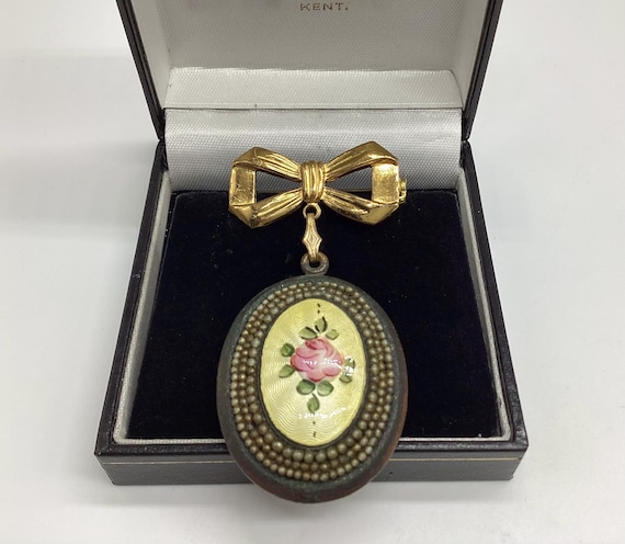 1930s Art Deco Period Locket Bow Brooch Guilloche with Pink Rose Enamel