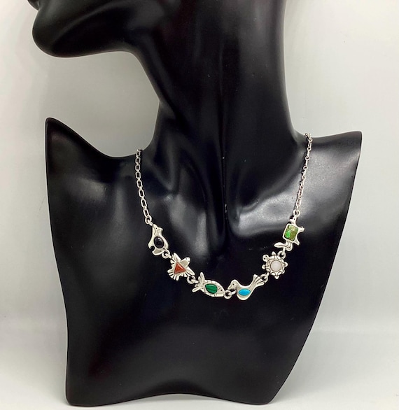 Sterling Silver Southwestern Symbolic Necklace, Reversible Gemstone Animal Links