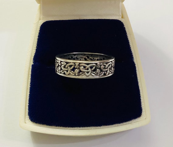 Vintage Celtic Ring Scottish Thistle with Trinity Love Knot Band Solid Silver