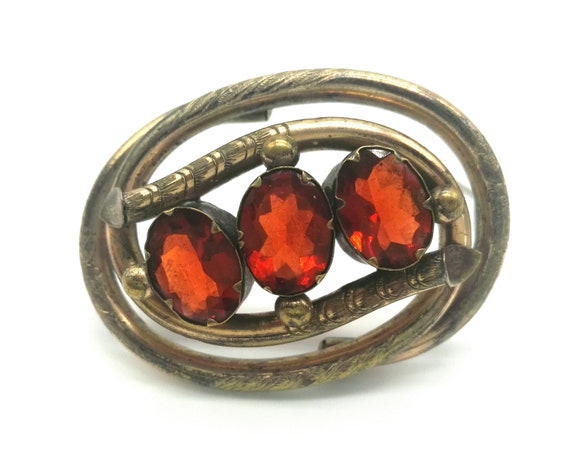 Large Victorian Pinchbeck Brooch Set with Three Deep Red Abmber Coloured Paste Stones Superb Antique Three Stone Pin