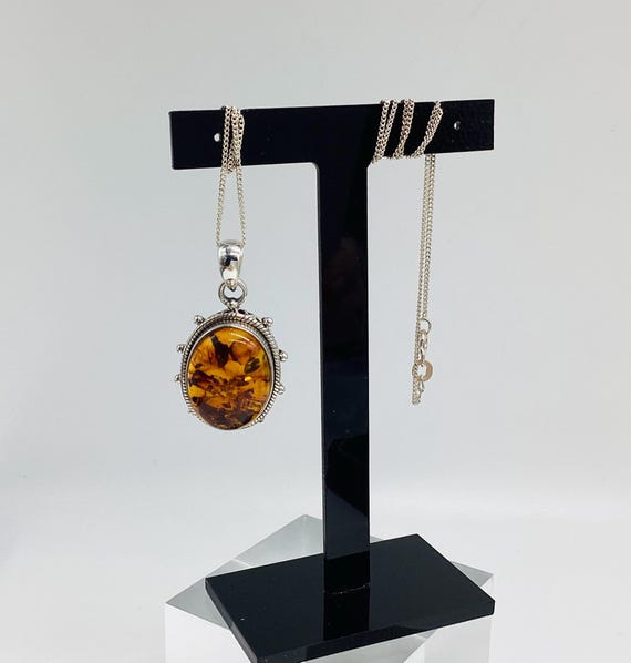 Amber And Solid Silver Pendant with Fine 925 Silver Chain Vintage Jewellery