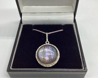 Antique Butterfly Wing Under Domed Crystal Sterling Silver Pendant Chain C1920s