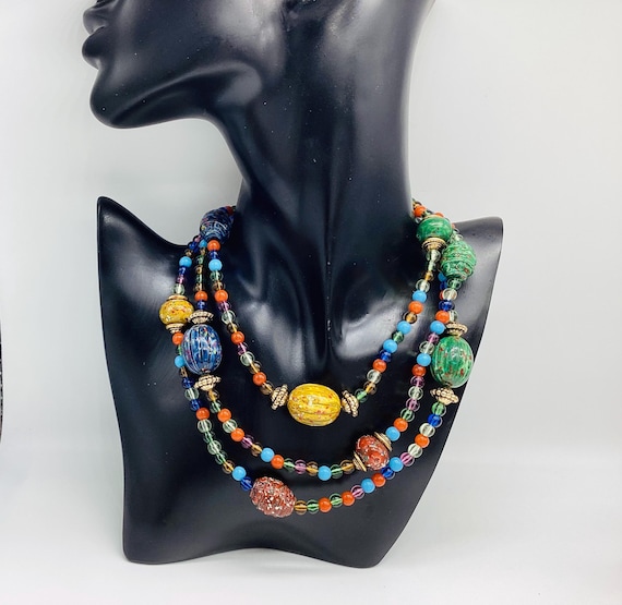 1970/80s Vintage Lucite Multicoloured Bead Necklace Ethnic Style Flapper Length 50 Inches