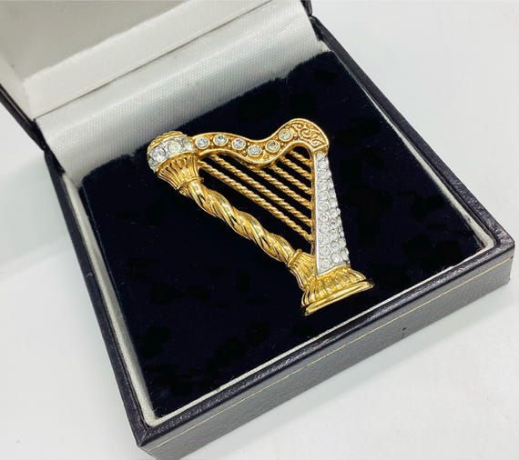 Rare Attwood and Sawyer Harp Brooch Swarovski Crystal 22ct Gold Plated