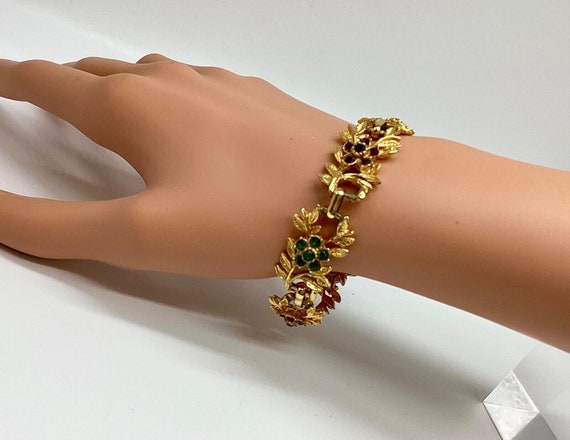 Vintage Bracelet Floral and Fern Gem Set Faux Ruby and Emerald Boxed