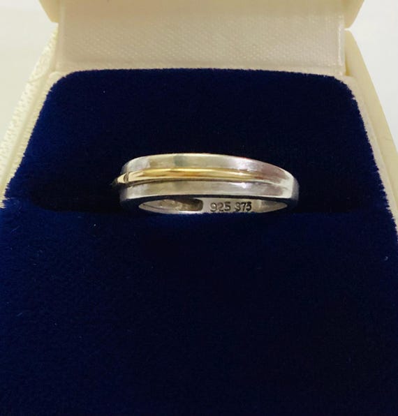 Two-Tone Sterling Silver 9ct Gold Band Ring | CZ Accent, Size F