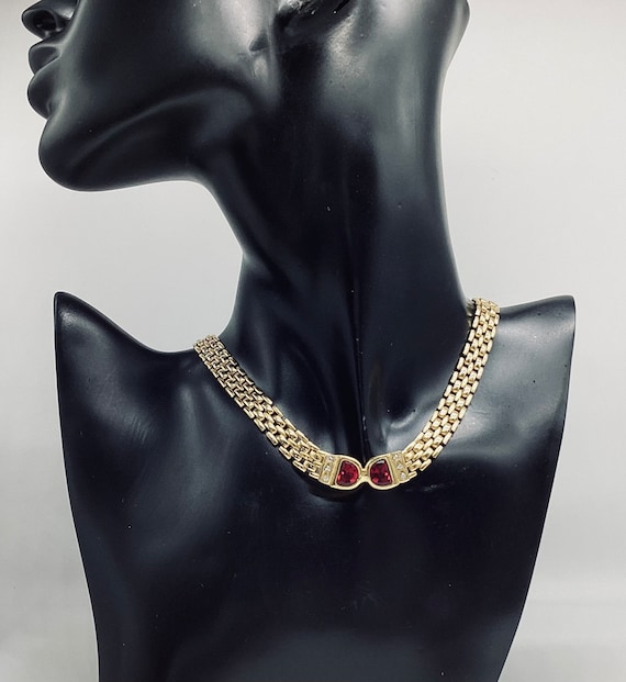 Gold Plated Brick Chain Necklace Crystals and Faux Ruby Quality Vintage Jewellery