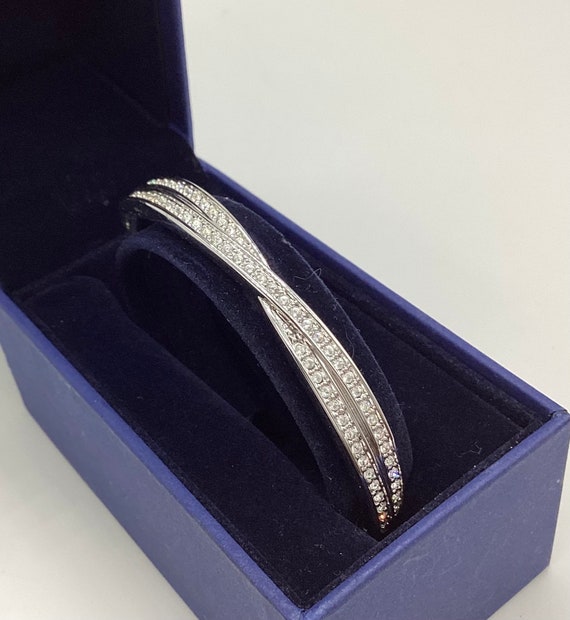 Swarovski Silver Rhodium Plated & Clear Crystal Double Row Hinged Bangle 1980s Vintage Brooch Swan Signed