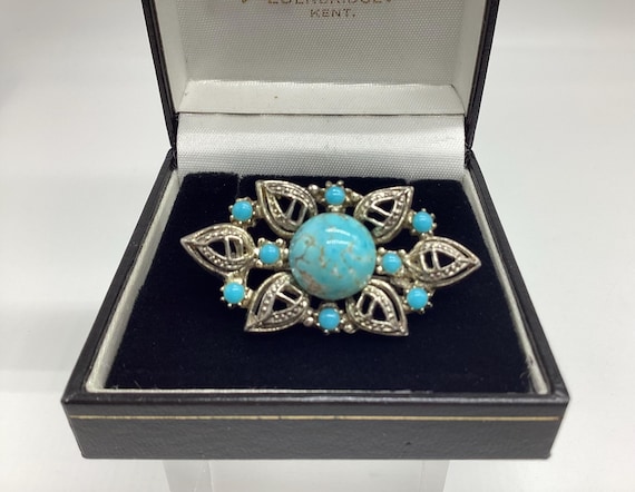 Art Deco Peking Czech Glass Vintage Brooch C1930 Blue and Silver Tone