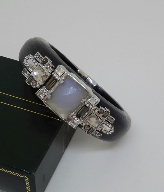 Vintage Alexis Bitter Designer Bangle Signed Moonstone Diamente Hand Carved Lucite