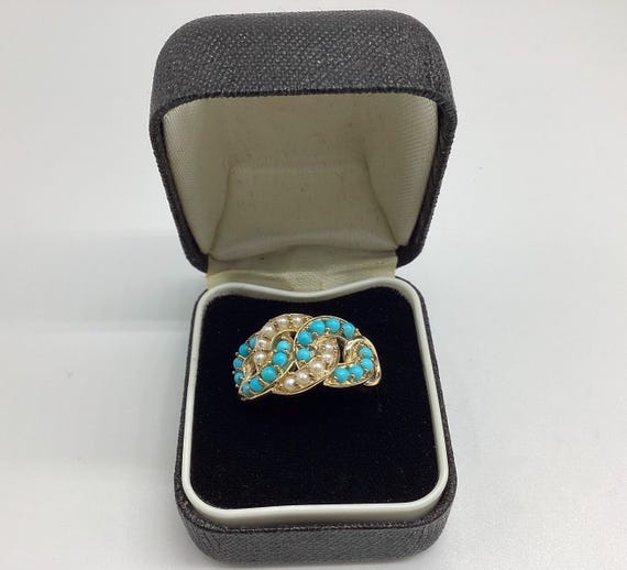 Vintage Victorian Style Turquoise and Pearl Vermeil Ring Entwined Love Knots 925 Silver Gold Filled