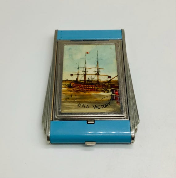 Rare Vintage Gwenda Art Deco Powder Compact 1930s H.M.S. Victory Ship Hand Drawn Lord Nelson Trafalgar
