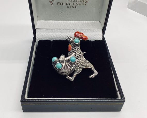 Strutting Silver Cockerel Turquoise and Enamel Art Deco Basket of Gemstone Eggs Chicken Lover Keeper December Birthday Birthstone