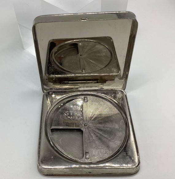 Stratnoid Square Vintage Powder Compact Art Deco Machine Turned White Metal